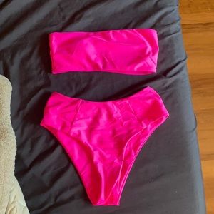 Hot pink high waisted strapless top hot pink bikini